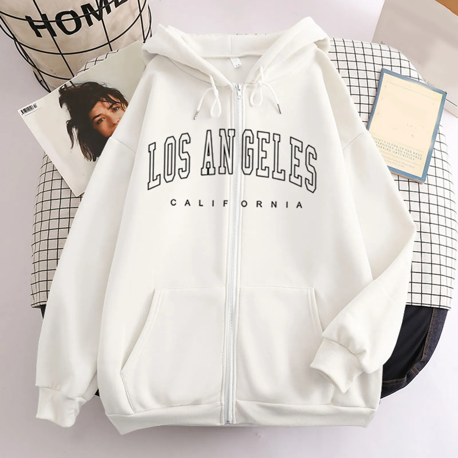 

Los Angeles Y2k Zip Up Hoodie Women Letter Print Long Sleeve Hoodie Top Casual Female Oversized Hoodie Sweatshirt Autumn Spring