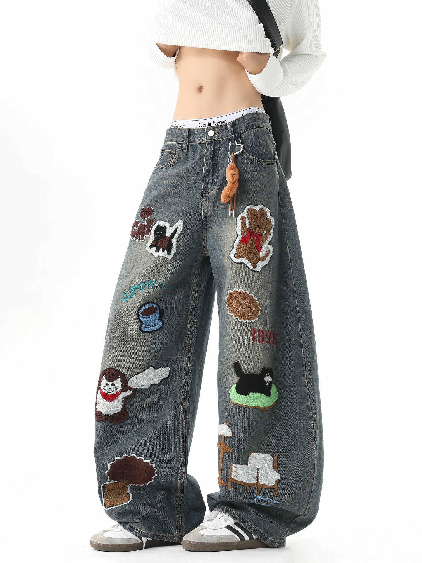 

Wukong Has Goods American Retro Cartoon Towel Embroidery Waed Knife Jeans Men Trendy Loose Wide Leg Pants