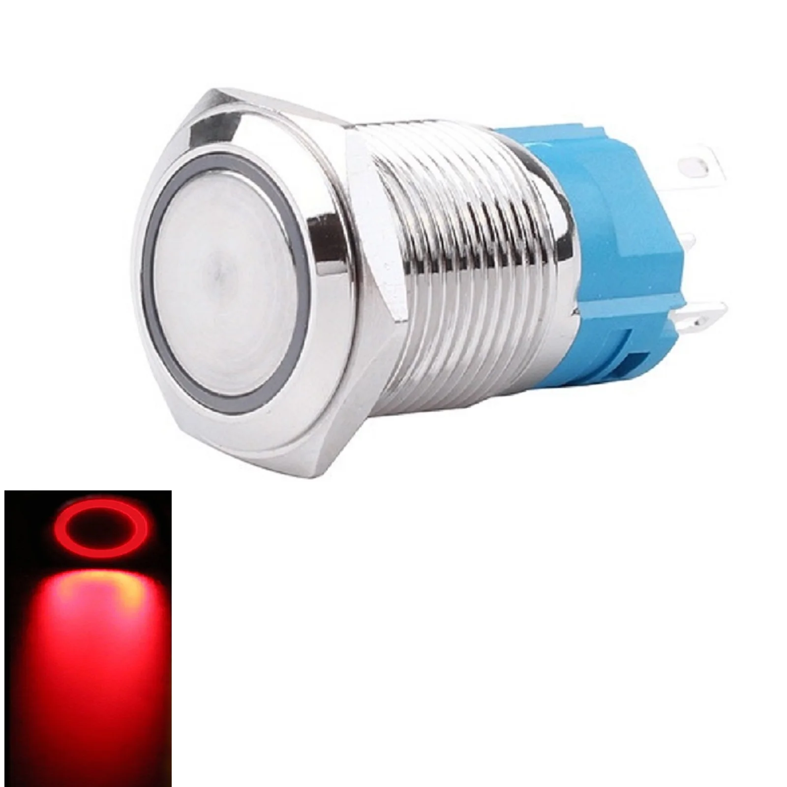 Metal Button Switch Push Button Switch Space-saving 12-24V Button Switch Flat Head LED Ring Light Latching Switch