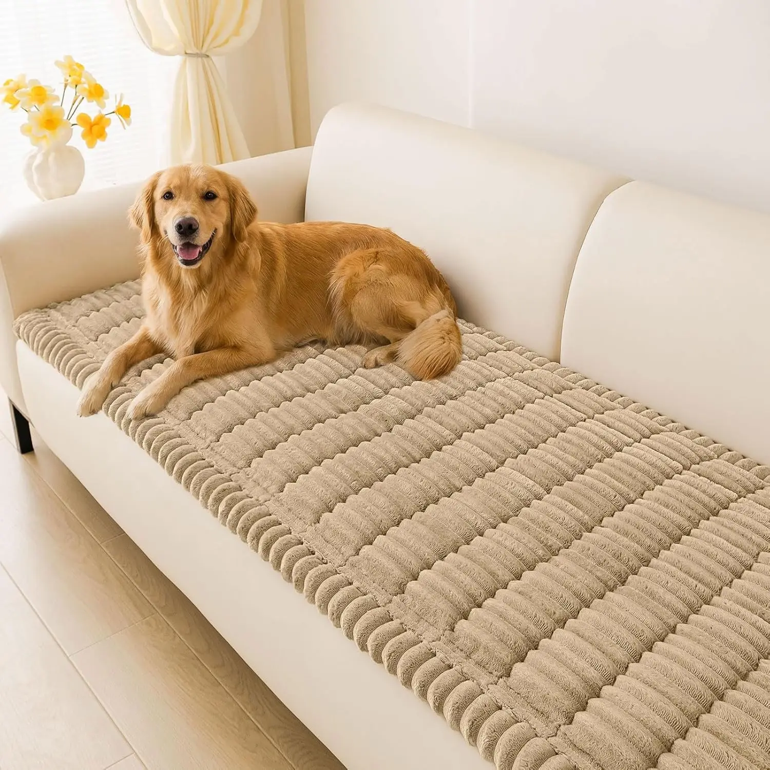 

Washable Non-Slip Dog Couch Cover, Plush Sofa Protector for 3 Cushion Sofa, Khaki 27.6"x82.7"