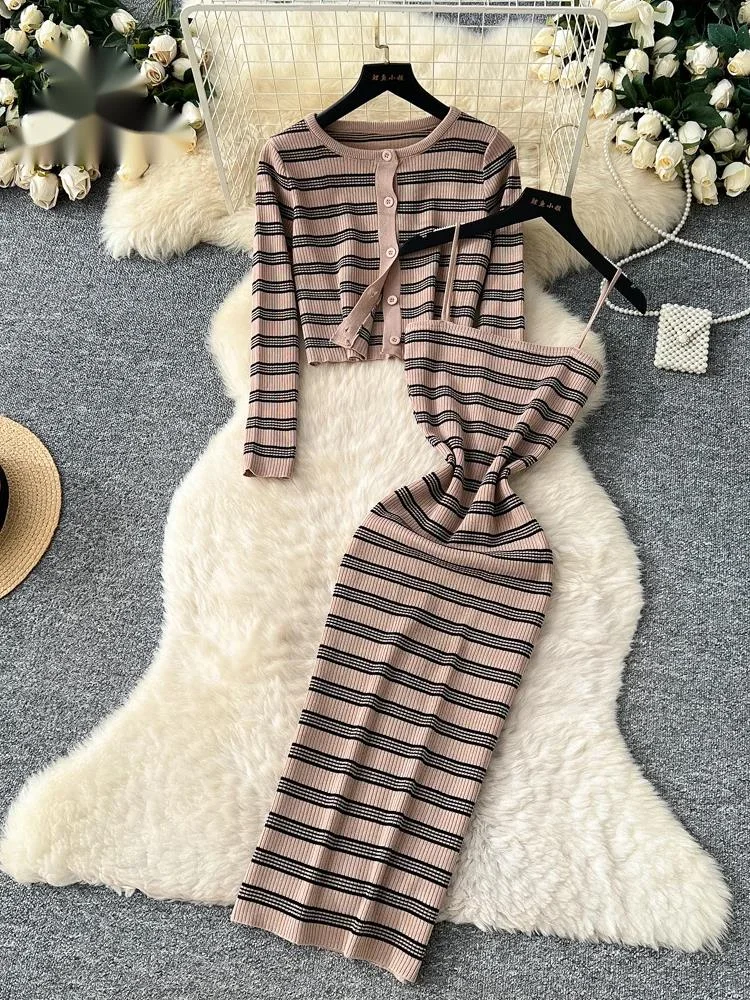 Stripe Casual Knitting Matching Sets Short Cardigans+Pencil Sling Dress Autumn  Ladies Simple Slim 2 Pieces Sets