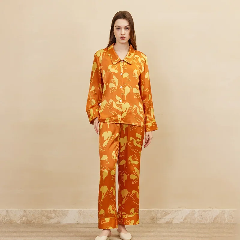 Comfortable 100% Mulberry Silk Button-Down Pj Set Orange Print Long Sleeves Pants Silk Pajamas Set Fashion Pajama Suit Sleepwear