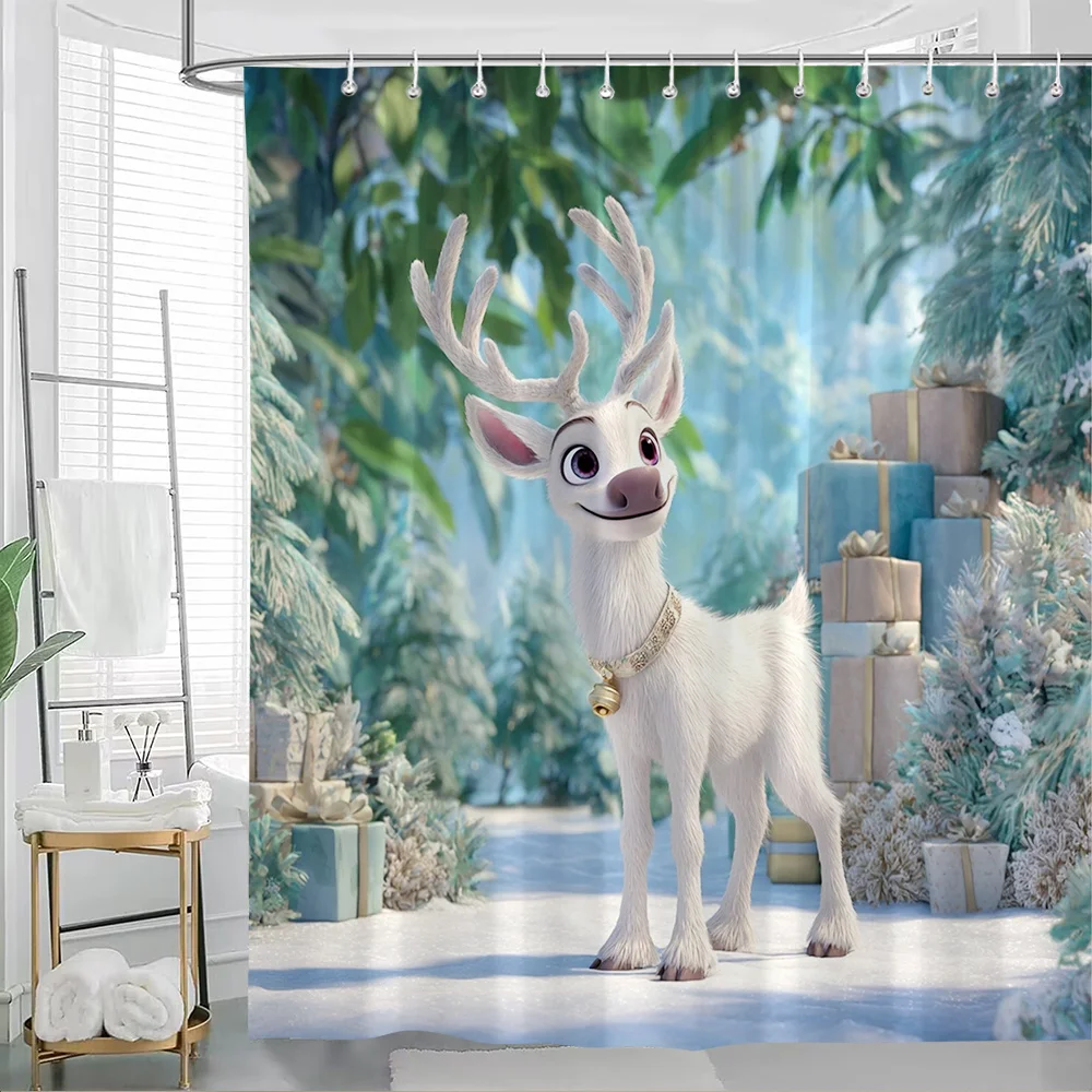 1pc Winter Reindeer Shower Curtain - Cute Cartoon Character with Presents in Snowy Landscape, 70.8x70.8 Inch, Polyester, Machine