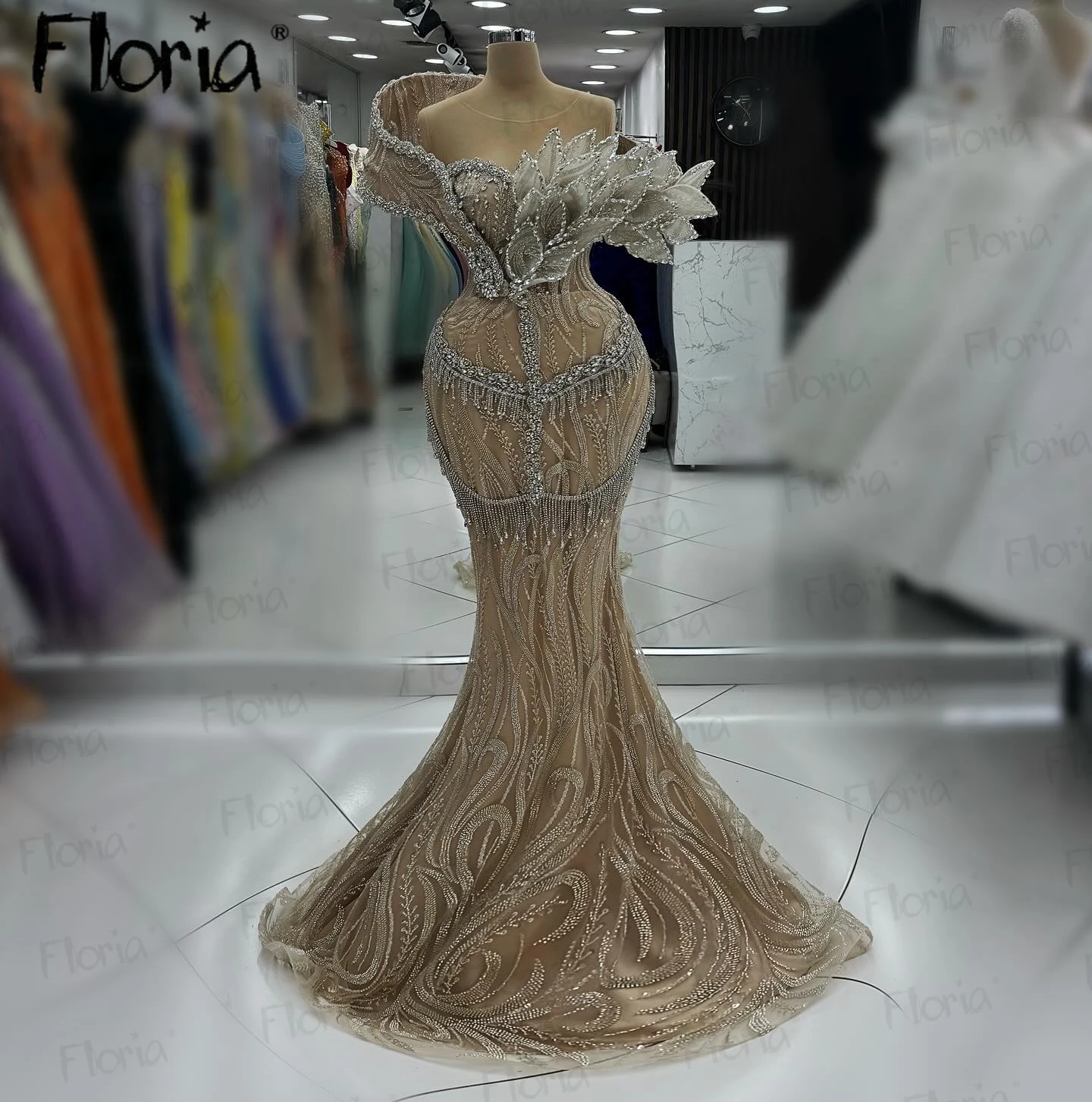 Floria-Off Shoulder Prom Dress, Luxo, Champanhe escuro, 3D Leaf Design, Vestidos de noite formais, Dubai, Festa de casamento, 2022, Personalizado