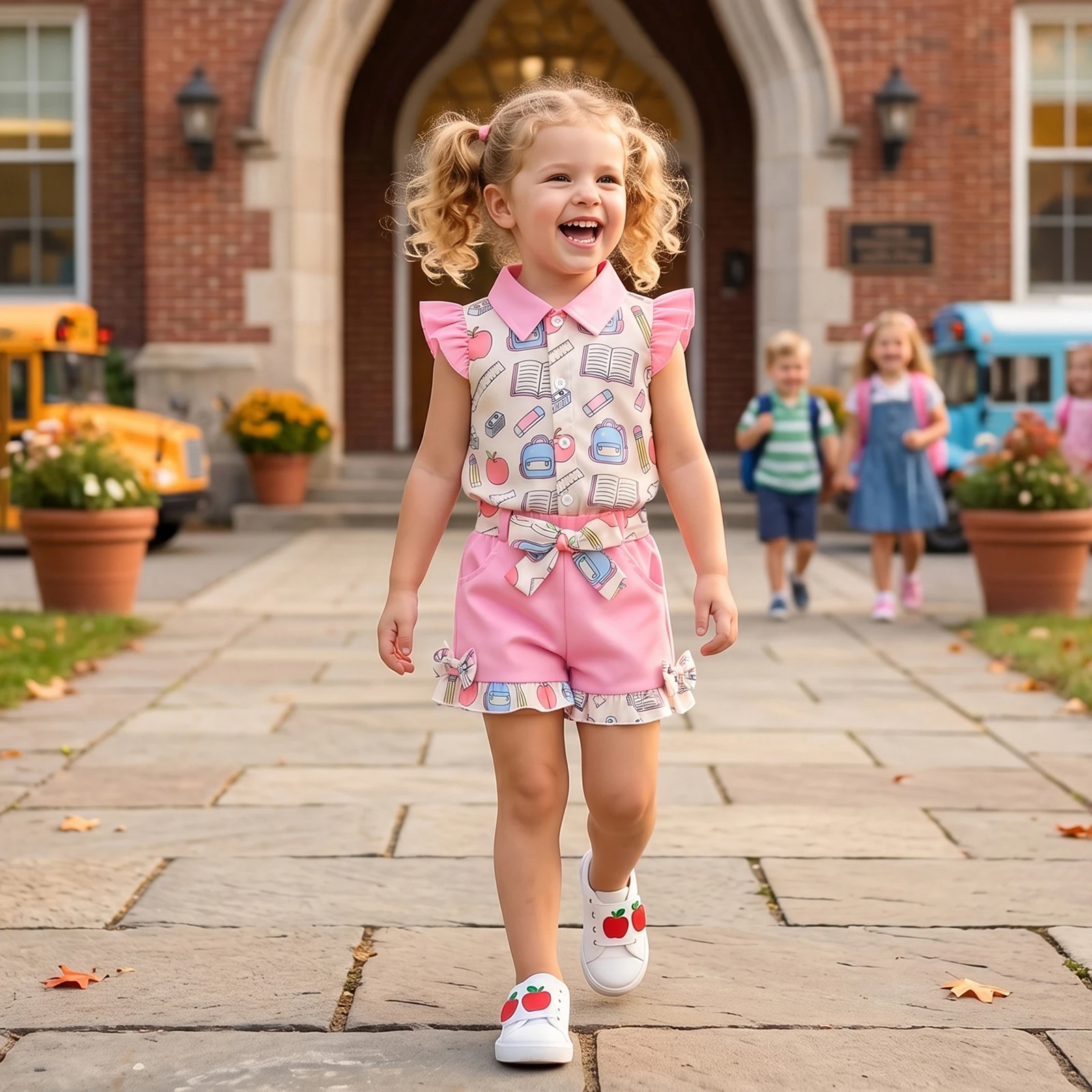 1-5Y Baby Girls Back-to-School Outfits Book Pencil Print Button up Shirt Elastic Shorts with Belt Fashion Kids Sets