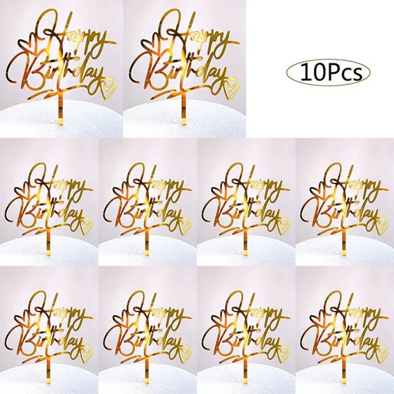 2023 10 Pcs Happy Birthday Cake Topper Red Gold Acrylic Kid's Party Cake Toppers Decoration for Baby Shower Gift Baking Supplies