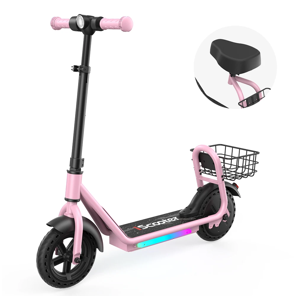 IScooter IK7 Kinder-Elektro-Scooter 8,5 Zoll, verstellbarer Lenker, abnehmbarer Sitz und Korb, 250W Motor, 3 Gänge, Bluetooth-Musikwiedergabe & App-gesteuerter Kinder-E-Scooter