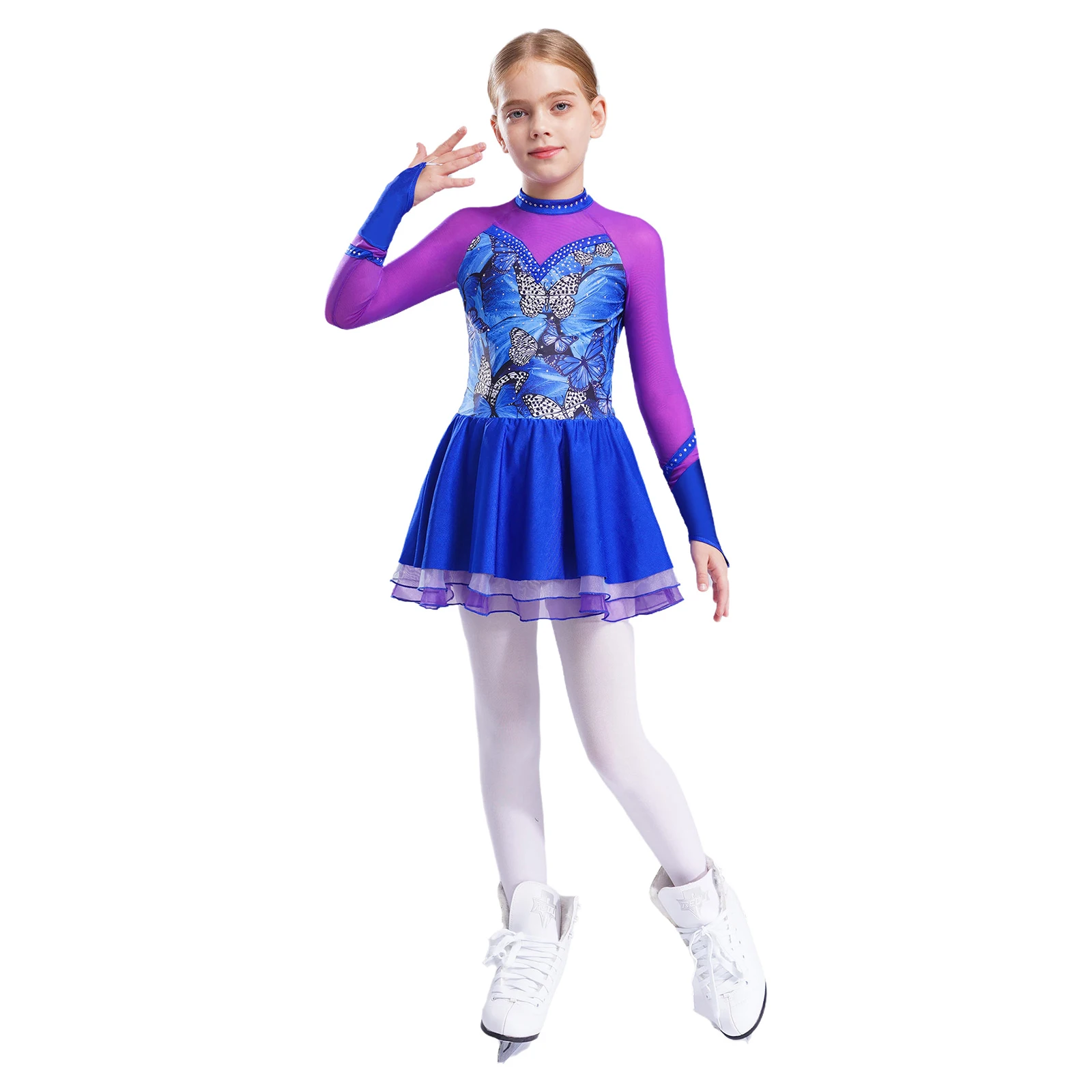 Girls Printed Figure Skating Dress Rhinestones Sheer Mesh Tutu Leotard Ballet Dance Gymnastics Competition Performance Costume