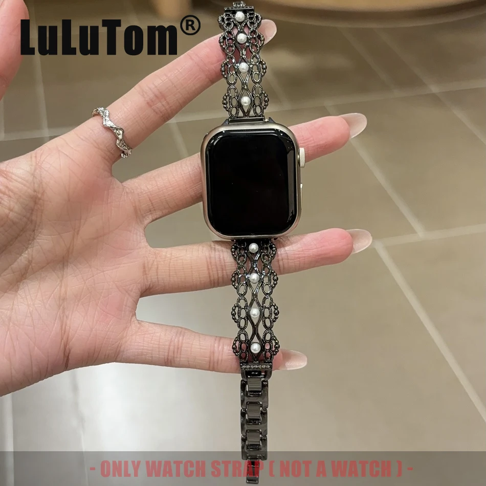 

Жемчужный полый ювелирный ремешок для Apple Watch Band Series 10 9 8 7 6 SE 5 4 3 Ultra iwatch 46 42 38 40 41 44 45 49 мм Женский браслет