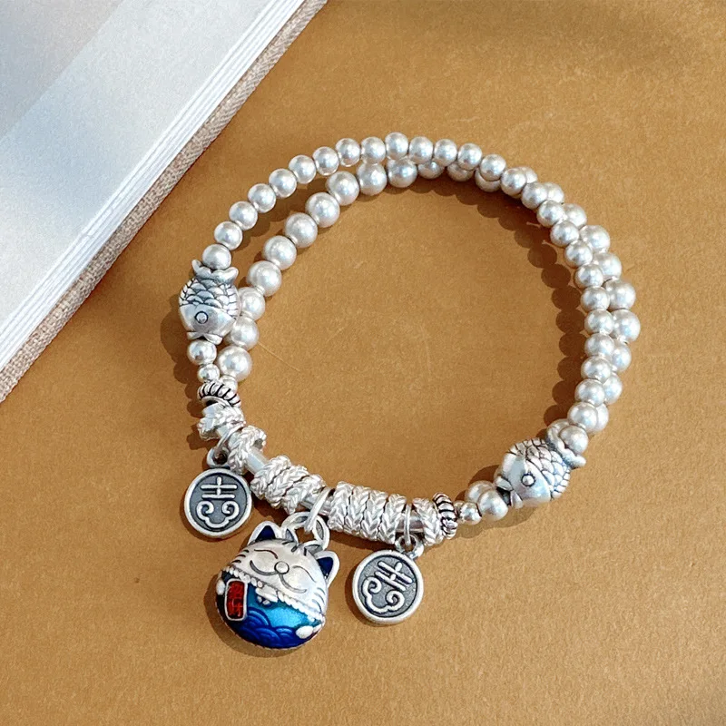 Langyan 925 Sterling Silver Enamel Craft Cat Charms Bracelet Ethnic Double Layer Real Silver Beads Bracelets for Women SL135