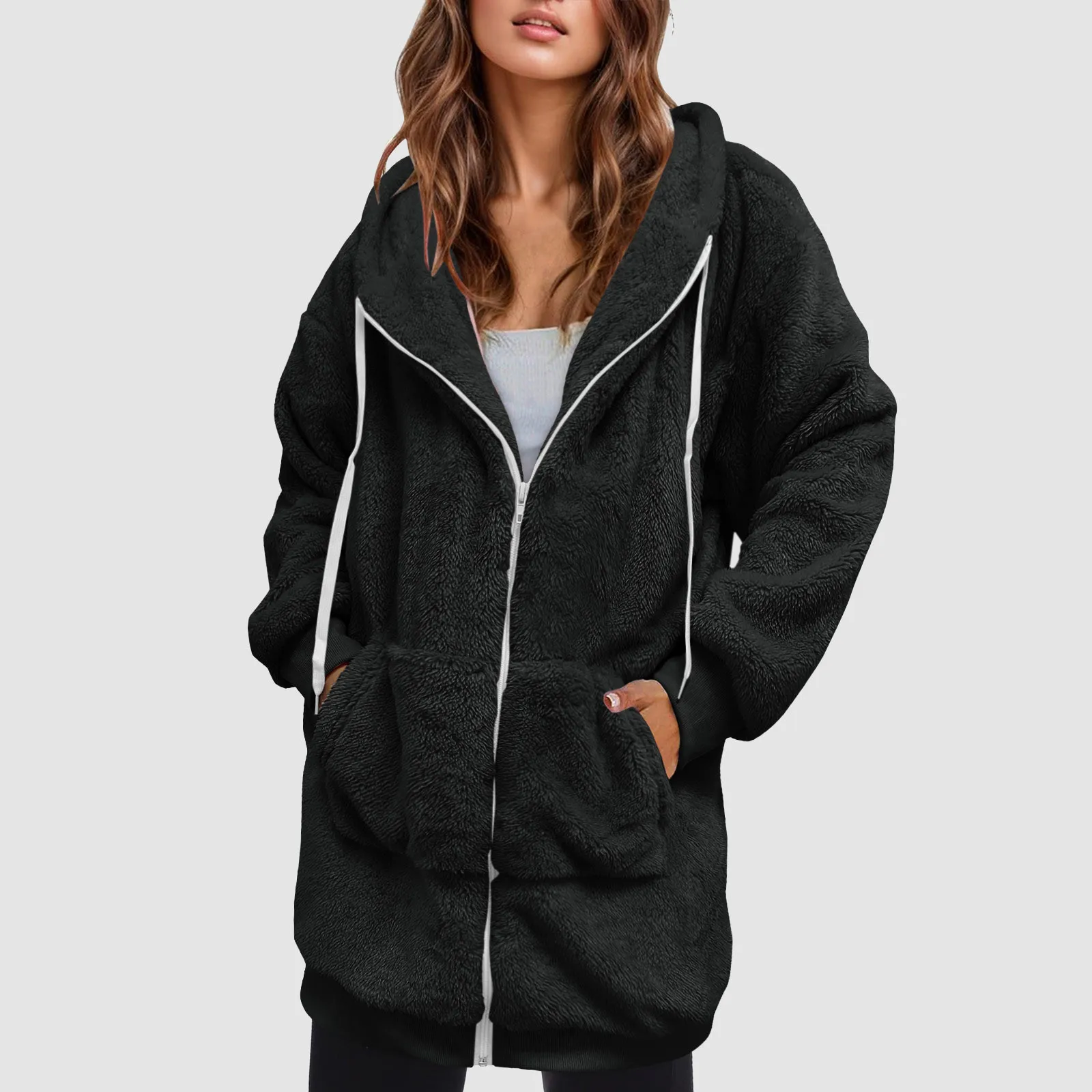 Casual Plush Sweatshirt Jacket Women's Zipper Hooded Lamb Wool Jacket Oversized Loose Fit Fleece Jackets Drawstring Coats 5xl