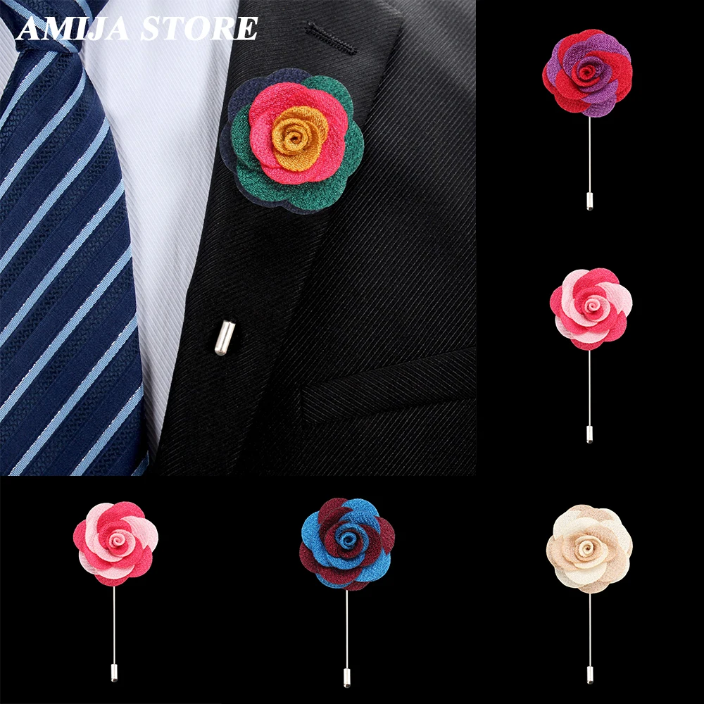 Handmade Men's Two-color Camellia Brooches Lapel Pin For Men&Women Long Needle Fabric Flower Brooch Pins For Wedding Mens Jewelr