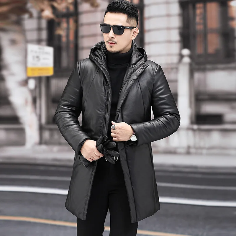 Korean New Winter Brand Men's Plus Size Coats Male Long Fashion Genuine Leather Jackets Man Warm Hooded White Duck Down Outwear