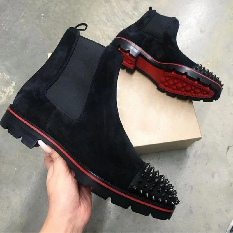 New Red Sole Men Chelsea Boots Rivet Square Toe Flock Slip-On Business  Men Short Boots Free Shipping Botas De Hombre Men Boots