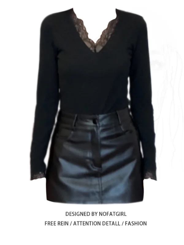 

plus Size Women's Long Sve Slim Fit T-irt Bla Lace Trim Base Layer irt V-Ne Regular Thin Winter Season Top