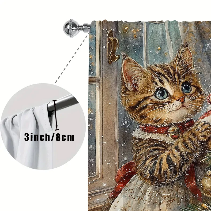 2PCS Christmas Kitten Curtains, Vintage Doll Tree Ornament Retro Illustration, Holiday Window Drapes for Bedroom Living Room