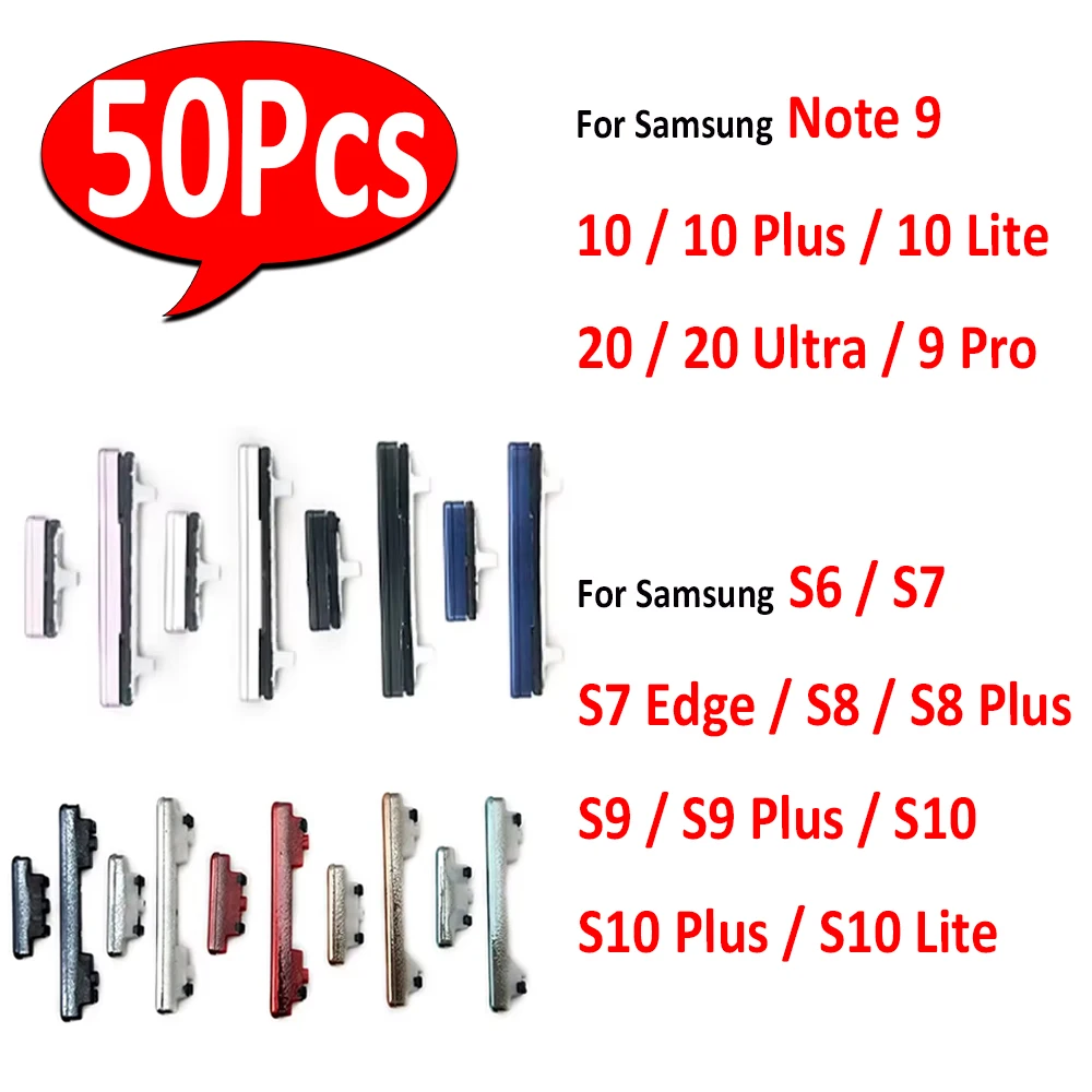 50Pcs，For Samsung Note 8 9 10 Lite 20 Ultra S8 S9 10 Plus Side Volume Button + Power ON / OFF Buttton Key Set Replacement Parts