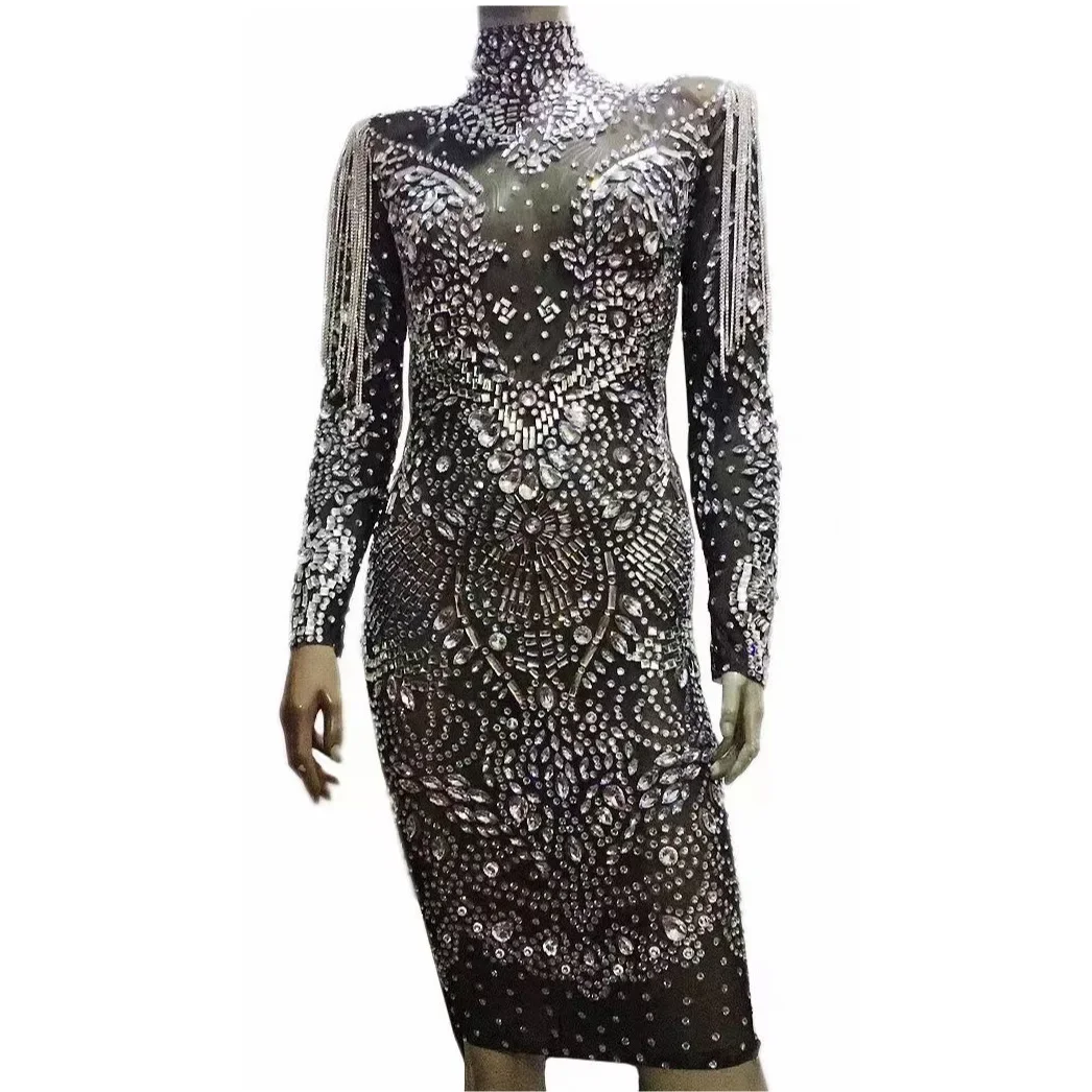 Women Shining Rhinestones Crystal Tassel Long Sleeve Sexy Sheath Nightclub Party Dress Concert Stage Wears