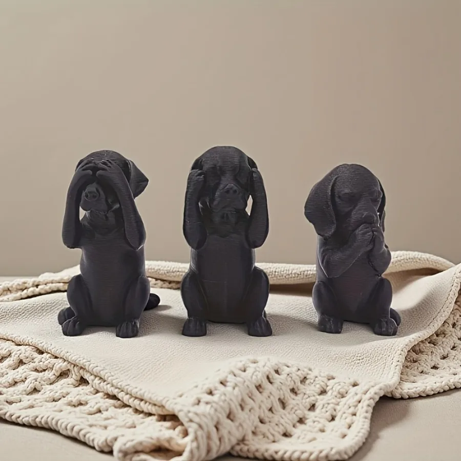 3-piece Set of Three Wisdom Dog Statues, Listen, Look, Speak, Wisdom Ornaments, Sausage Dog Statues, Home Decorations