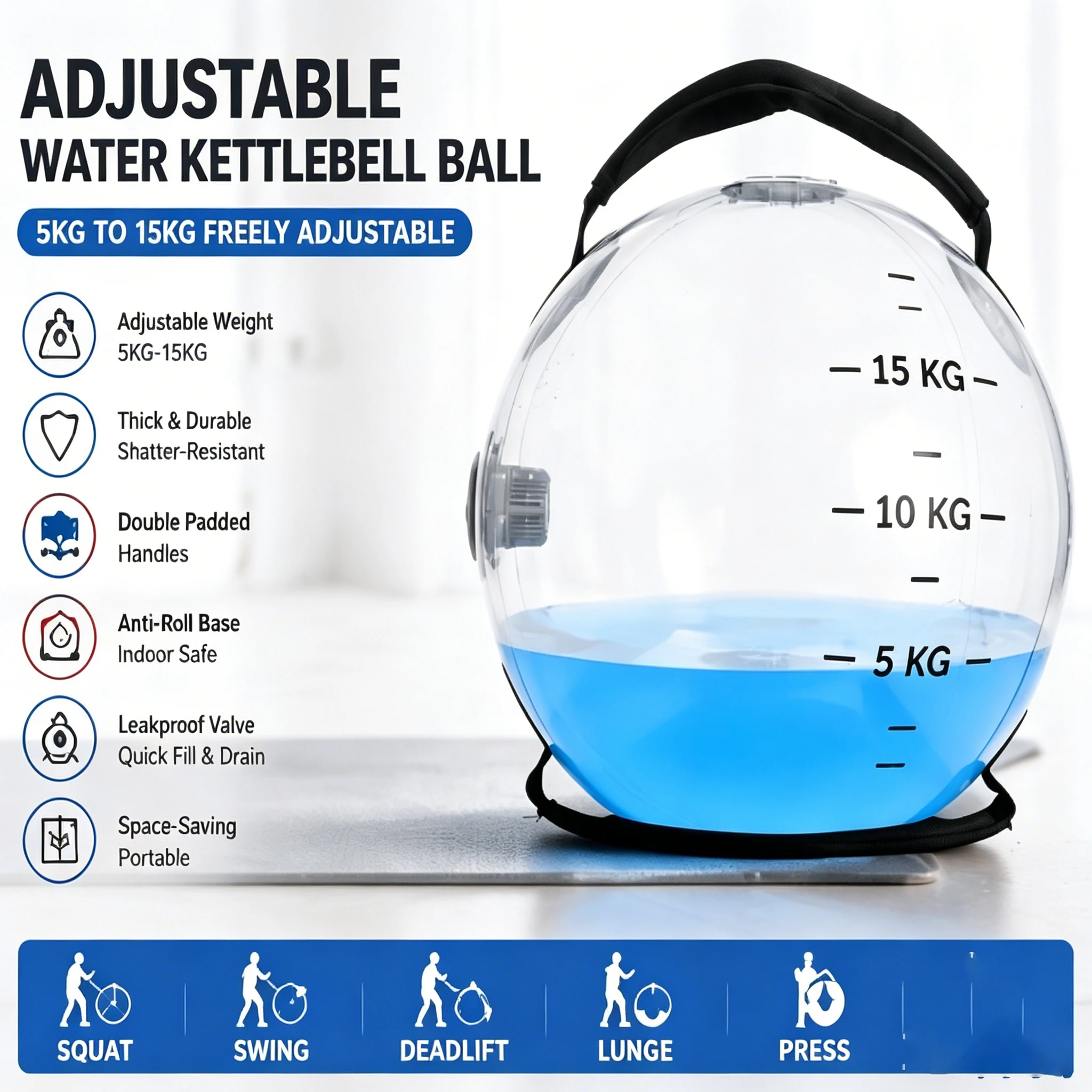 Bola de Kettlebell Ajustável com Água, Transparente, Portátil, com Peso de até 14KG, para Treino de Agachamento, Swing e Exercícios de Corpo Inteiro em Casa.