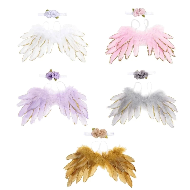 

2PCS Wing & Flower Headband Newborn Photography Props Headdress Baby Photoshoot Props Infant Angel Costume