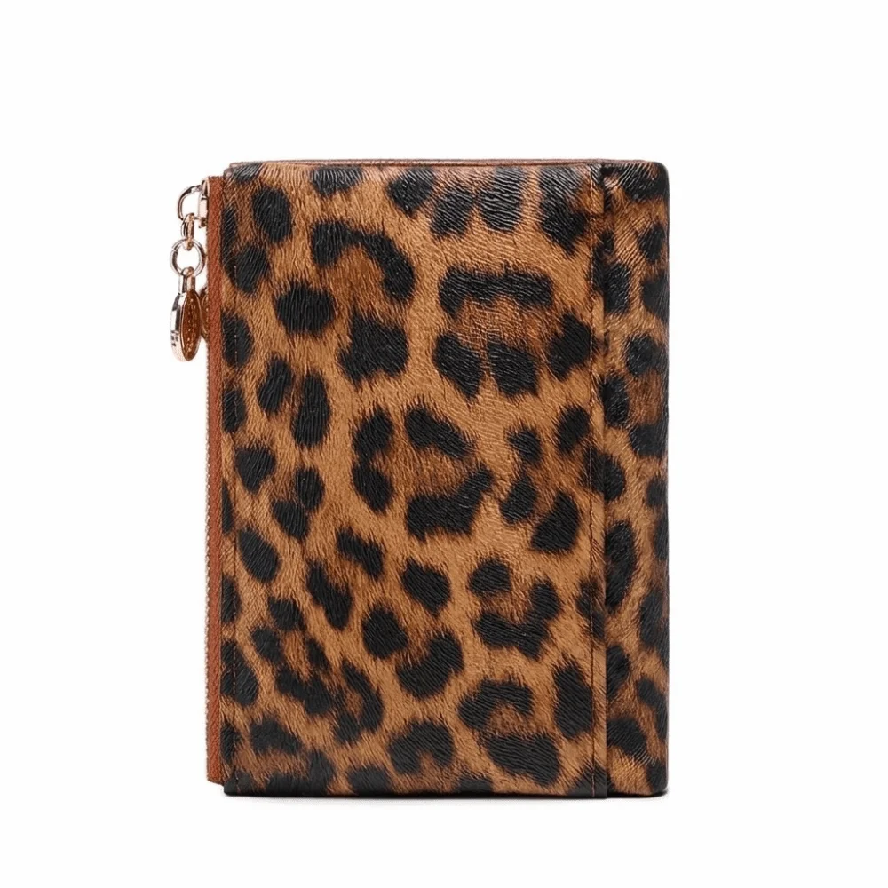 Leopard Print PU Leather Short Wallet Double Zipper Multi Card Slots Coin Purse Large Capacity Polyester Lining Trifold Wallet