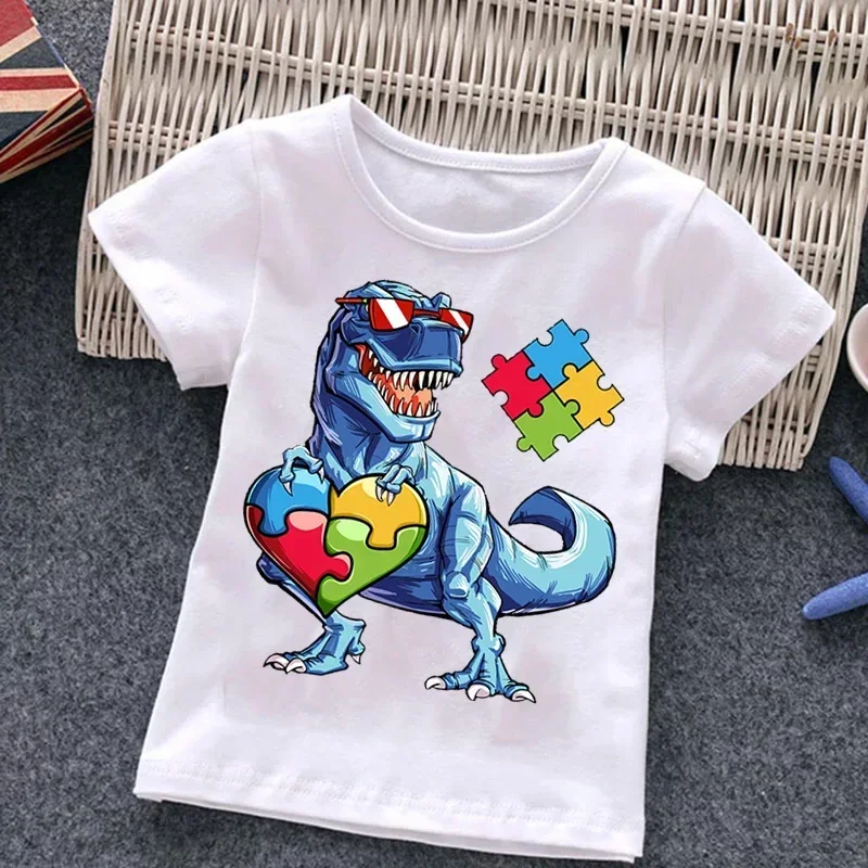 Autism Kids Boy T-shirt Girls Cartoon Puzzle Tops Cute Baby Cotton Summer Clothes Toddler Dinosaur T Shirts Children Costume