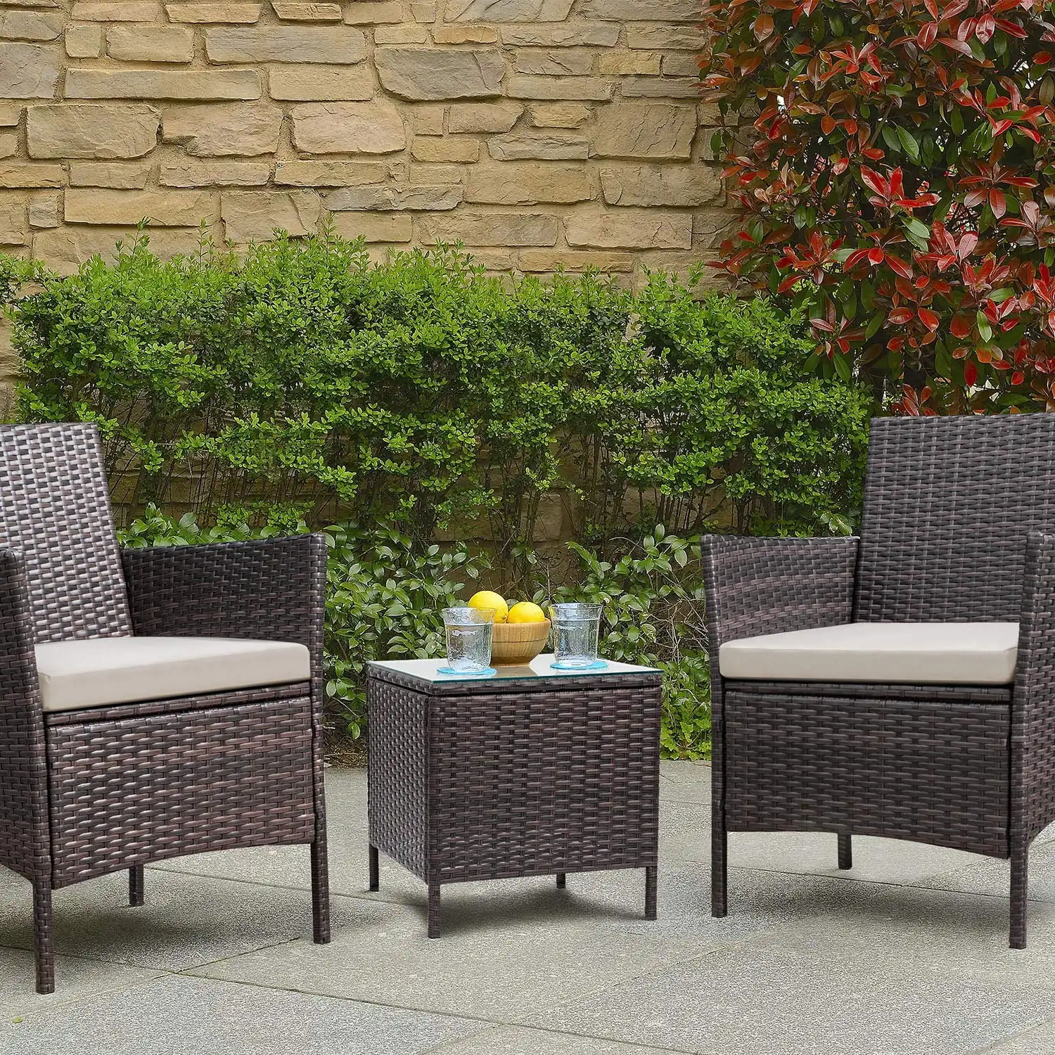 3 Pieces Outdoor Patio Furniture PE Rattan Wicker Table and Chairs Set Bar Set with Cushioned Tempered Glass, Brown/Beige, 2 image 2
