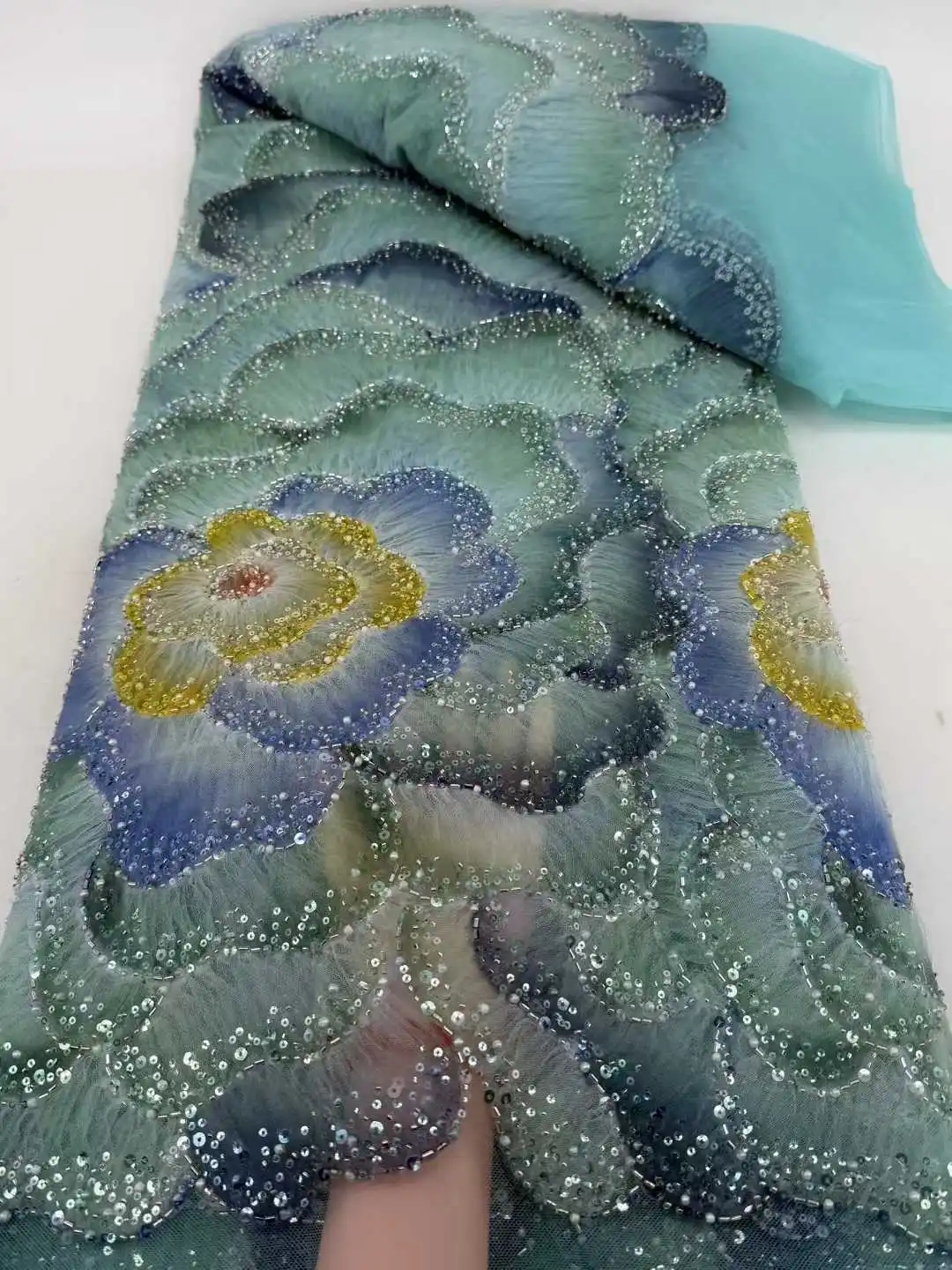 

Luxury African Nigerian High-End Beaded Embroidery Lace with French Sequins Net Fabric for Women's Wedding Party Dresses