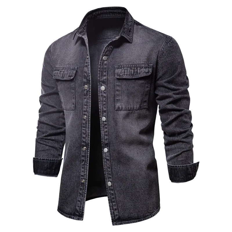 2022 Men\'s Denim Shirt Solid Cotton Casual Fashion Denim Black Jacket Men Streetwear  Shirt for Men  Long Sleeve T Shirt Men