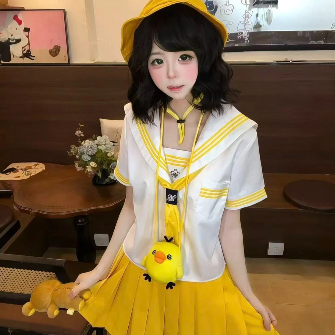 Authentic Japanese JK Uniform Short-sleeved Basic Style Yellow Sailor Suit with Pleated Skirt Plus Size School Uniform