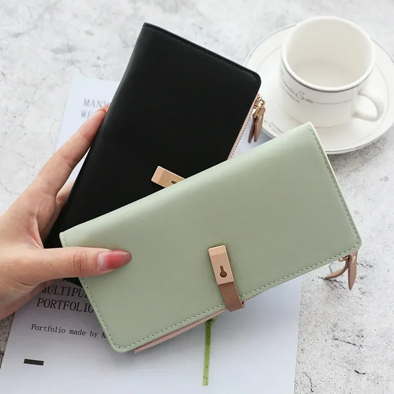 

Trend Women's Long Wallet Female Purses Sweet Coin Purse Card Holder Wallets Texture Soild Color PU Leather Clutch Money Bag