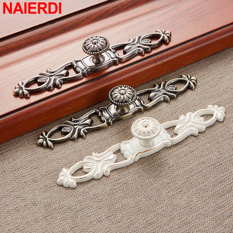 NAIERDI White Rose Flower Kitchen Cabinet Handles European Zinc Alloy Bronze Door Handles Drawer Knobs Furniture Hardware