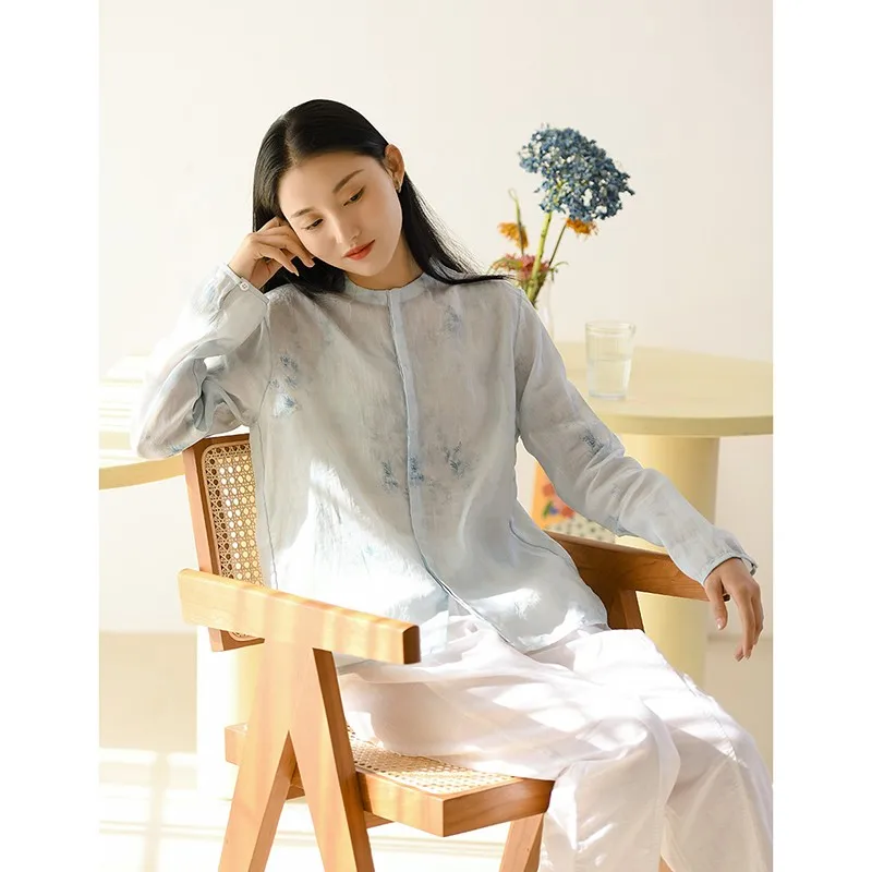

2024 New Arrival Loose Fit O-neck Long Sleeve Blouse Casual Vintage Print Single Breasted Autumn Women Cotton Linen Shirts Y18