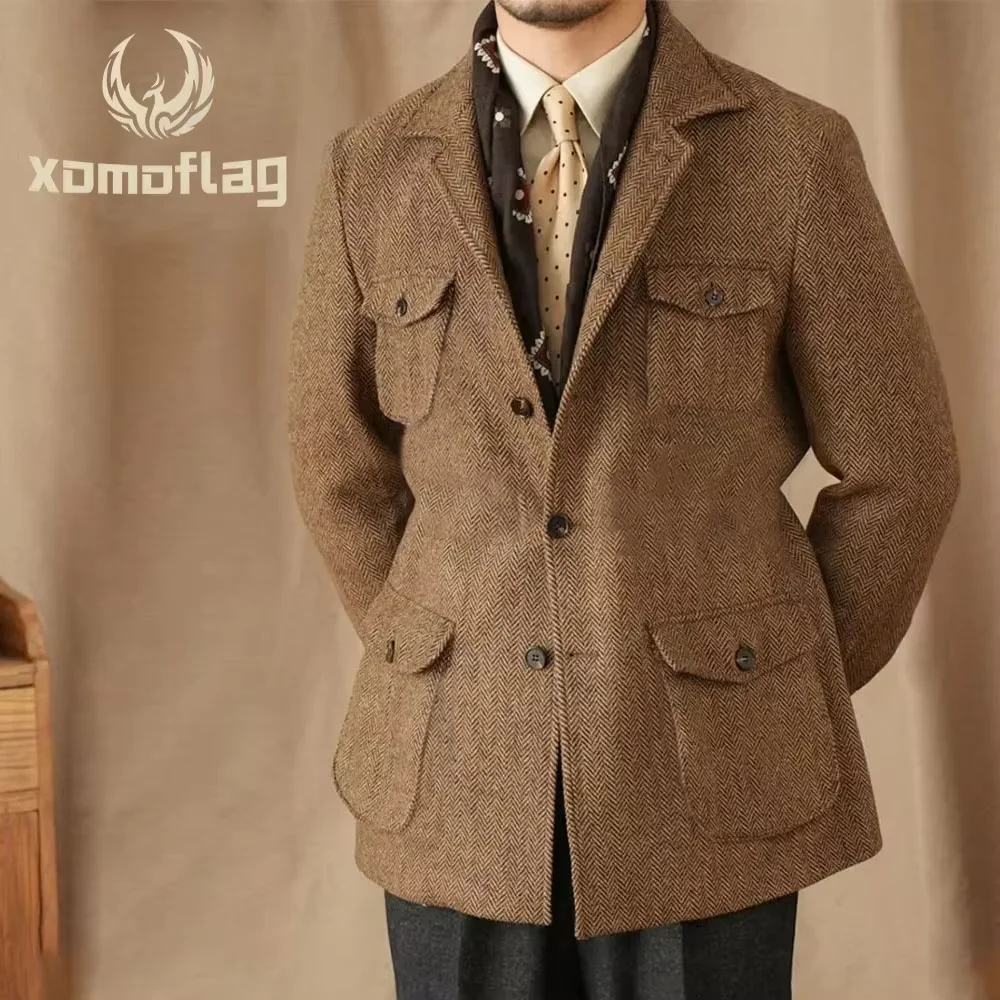 Abiti da uomo Blazer vintage in tweed a spina di pesce Giacca formale da cappotto sportivo casual leggero doppio petto in misto lana britannica