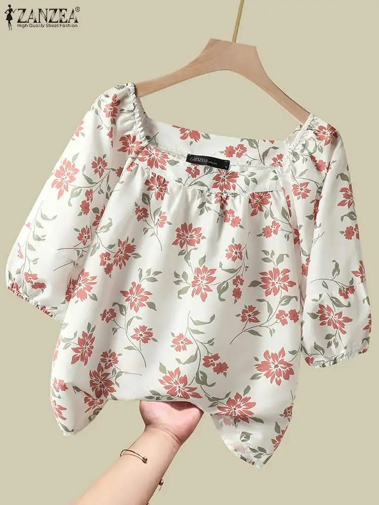 ZANZEA blusa informal Coreana de media manga para mujer, blusa fina con estampado Floral, Tops con cuello cuadrado, camisa holgada para vacaciones de verano