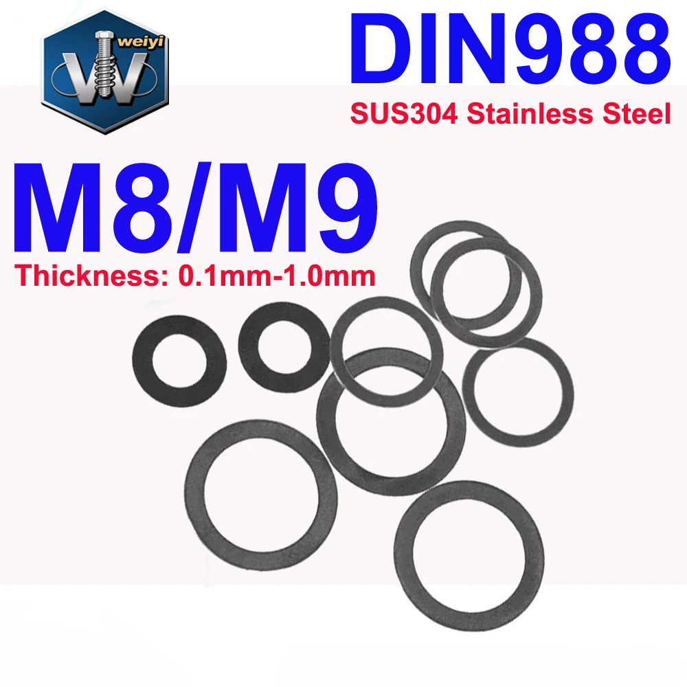 Weiyi M8 M9 DIN988 SUS304 A2 Stainless Steel Adjusting Shim Washers Ultra-thin Plain Washer Flat Gaskets 0.1mm-1.0mm Thickness