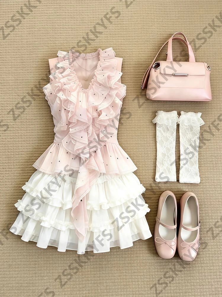 

Женские повседневные платья в японском стиле Kawaii: розовая блузка в горошек с драпировкой, бальное платье для вечеринок в стиле Hot Girl, летняя одежда для вечеринок в стиле 2000-х, комплект из 2 предметов