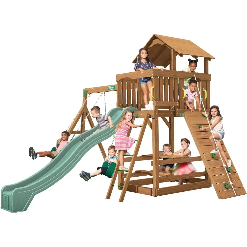 

Playhouse，Creative Playthings Wooden Swing Set (Made In The USA), Includes Kids Climbing Wall, Playground Swings,15 X 14 X 11 Ft