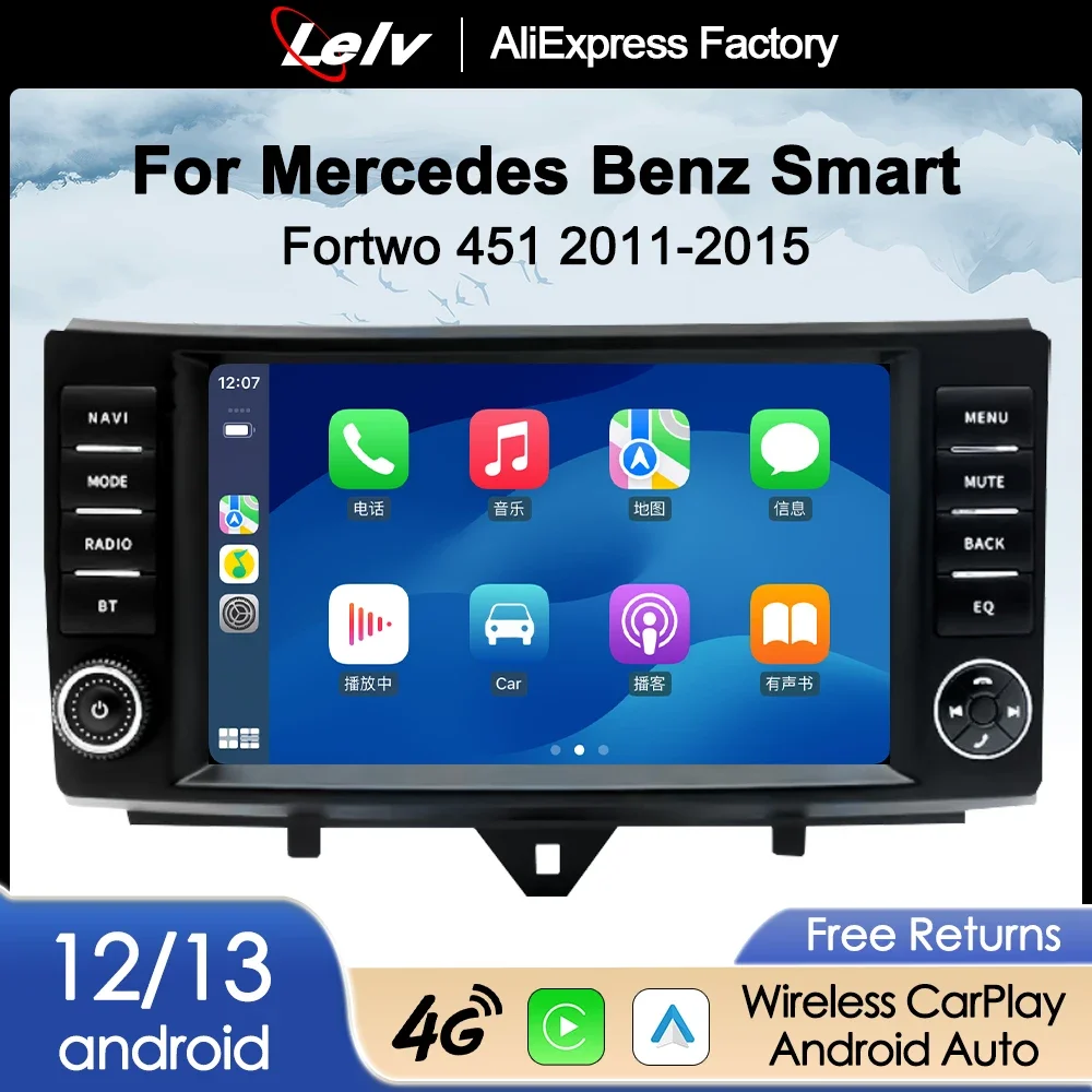 Lelv Android 13 For Mercedes Benz Smart Fortwo 451 2010-2015 CarPlay WIFI Multimedia Video Player  Auto Stereo GPS 2Din Navi