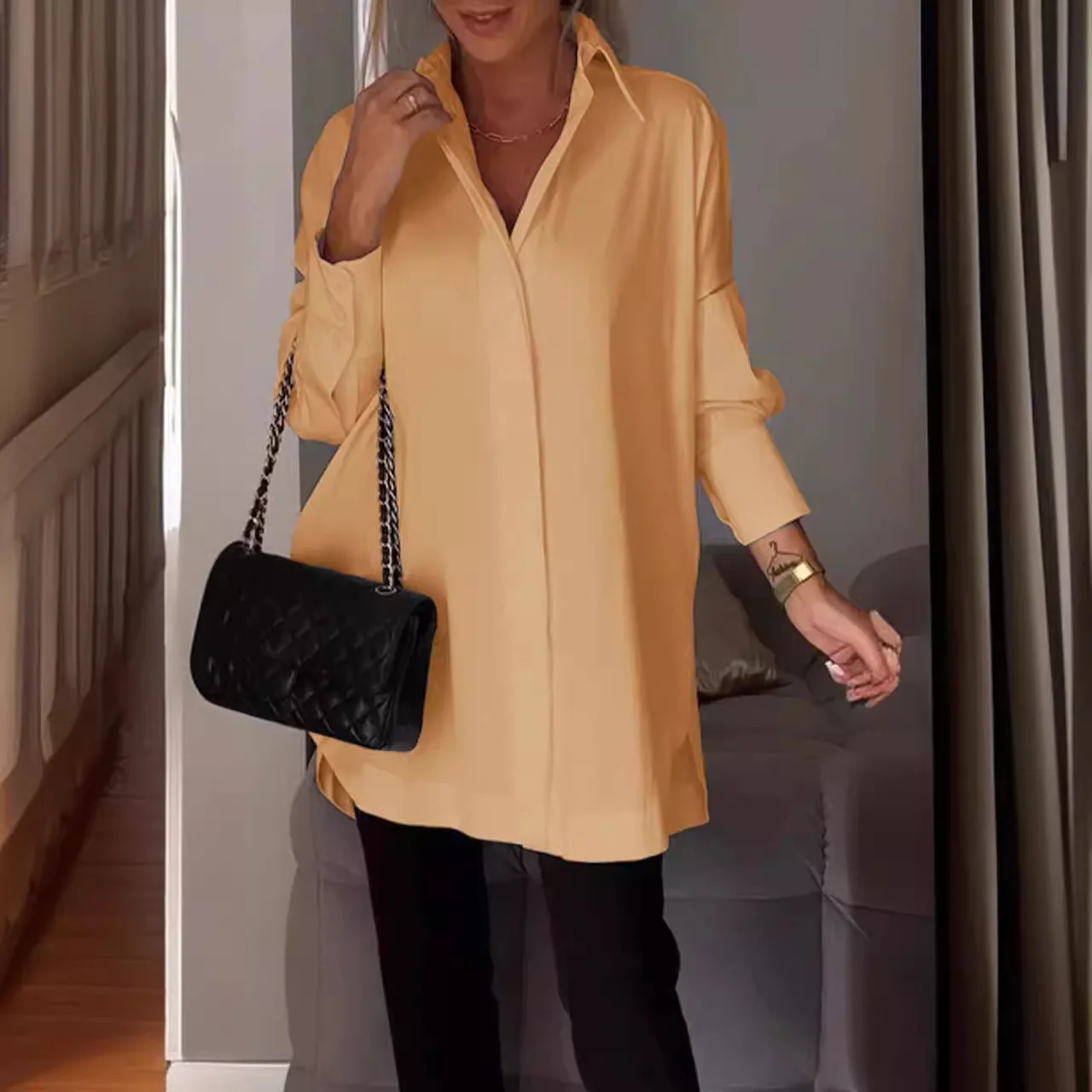 

Casual Loose Pullover Femme Solid Color Long Shirt Women Spring Autumn Lapel Fashion Irregular Long Sleeve Tops Femme Blouse