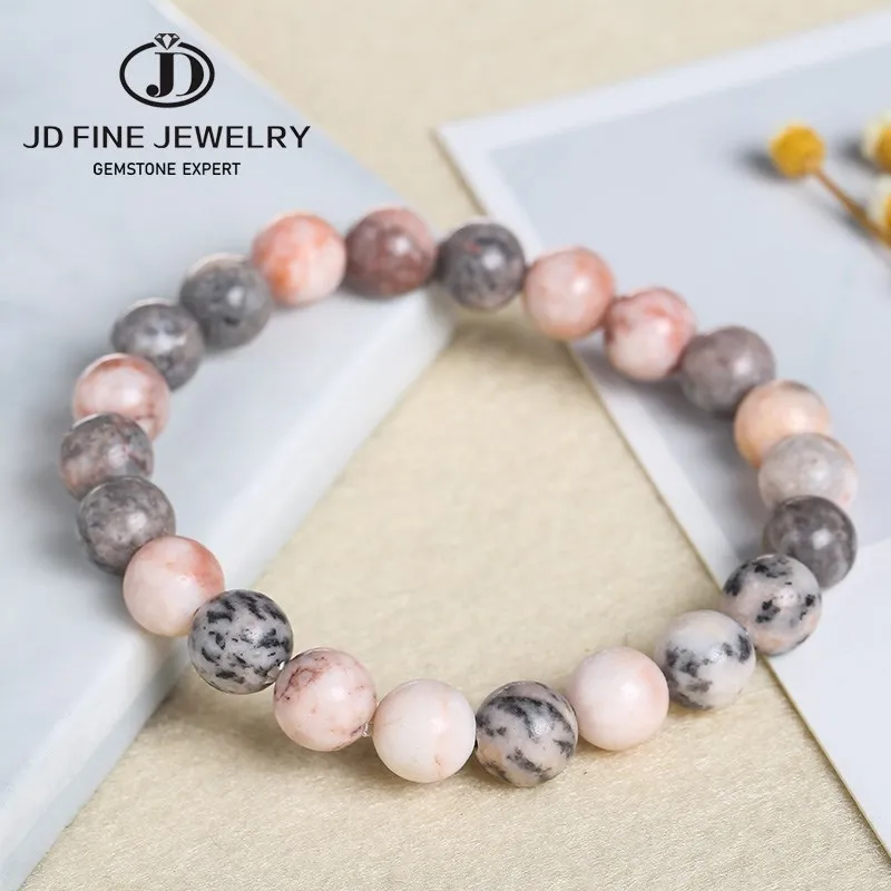 JD Natural Pink Zebra Jaspers Stone Beads Bracelet Handmade Yoga Healing Wristband Jewelry for Women Men Friendship Gifts