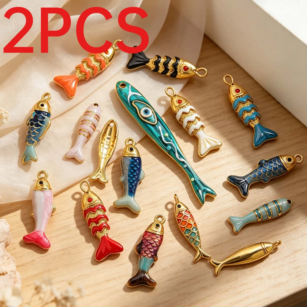 2Pcs Cartoon Colorful Fish Shape Stainless Steel Enamel Pendants Mixed Designs DIY Necklace Jewelry Charms