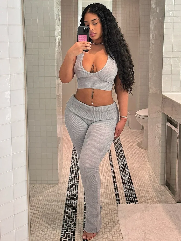 Leosoxs-Conjunto de 2 piezas acanalado para mujer, camisetas sin mangas informales con espalda descubierta y pantalones de solapa, ropa de calle informal elástica a juego