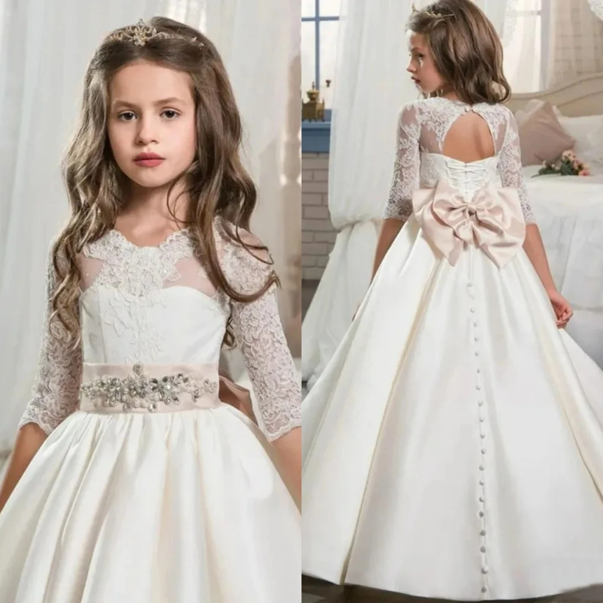 

Elegant Flower Girls Dress Open Back Quality Satin Fluffy Lace Applique With Big Bow Belt Kids Birthday Prom Party Evening Gowns