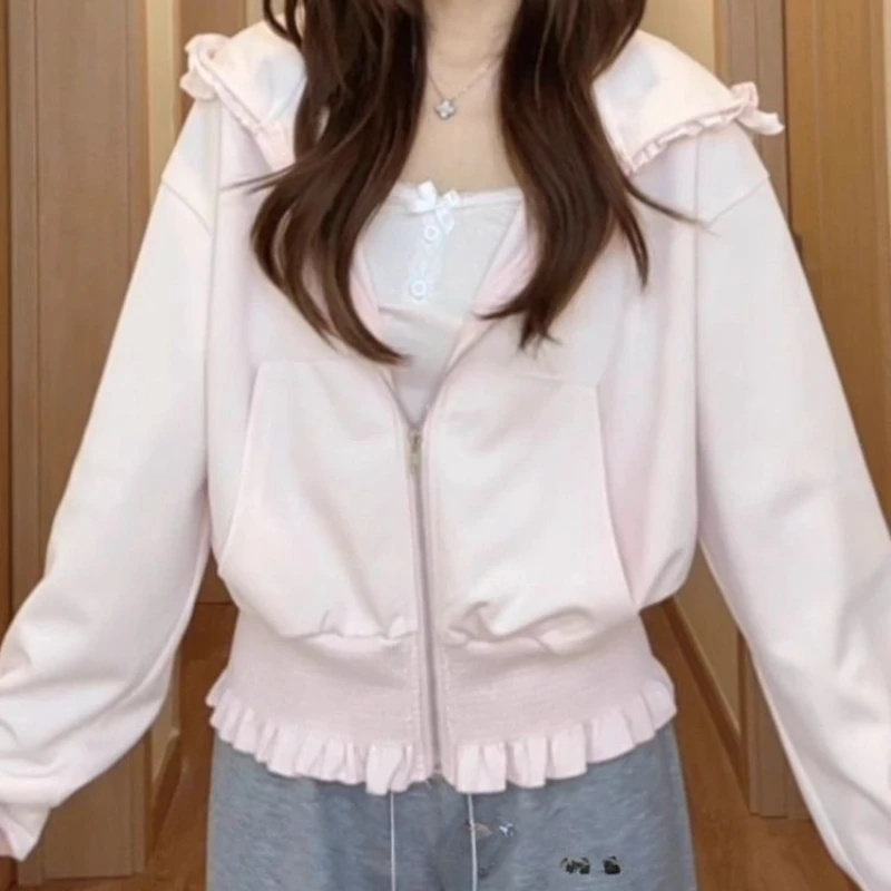 Pink Hooded Sweatshirt Jacket Spring/autumn Loose Slimming Design Kangaroo Pocket Versatile Cardigan Top Outwear