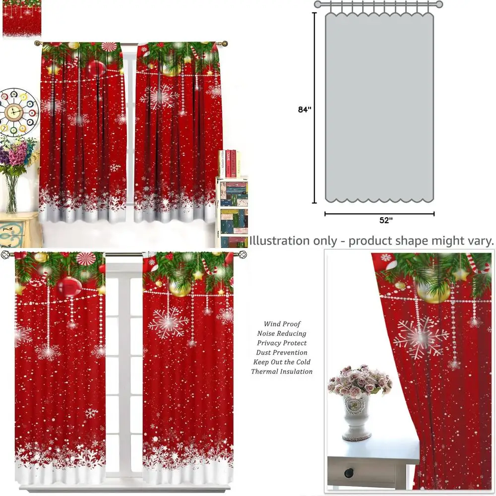 

Vintage Red Floral Snowflake Thermal Insulated Curtains, 2-Panel Set, 84 Length, Noise Reduction, Room Darkening for Bedroom