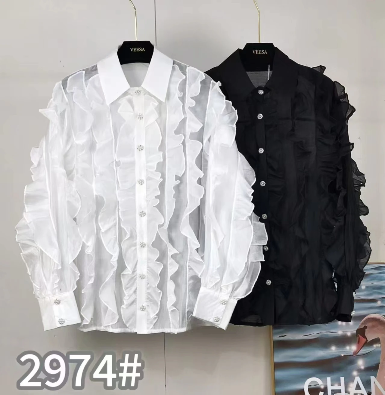 Luxury Diamonds Buttons Ruffles White Chiffon Women\'s Blouses Shirts Top Office Lady Lantern Sleeve Elegant Shirt Blusas Femmale