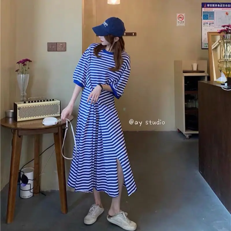 Summer New Black and White Stripe T Shirt Dress Short Sleeve Loose All-match Youth Dresses Trend Casual Fashion Women Clothing