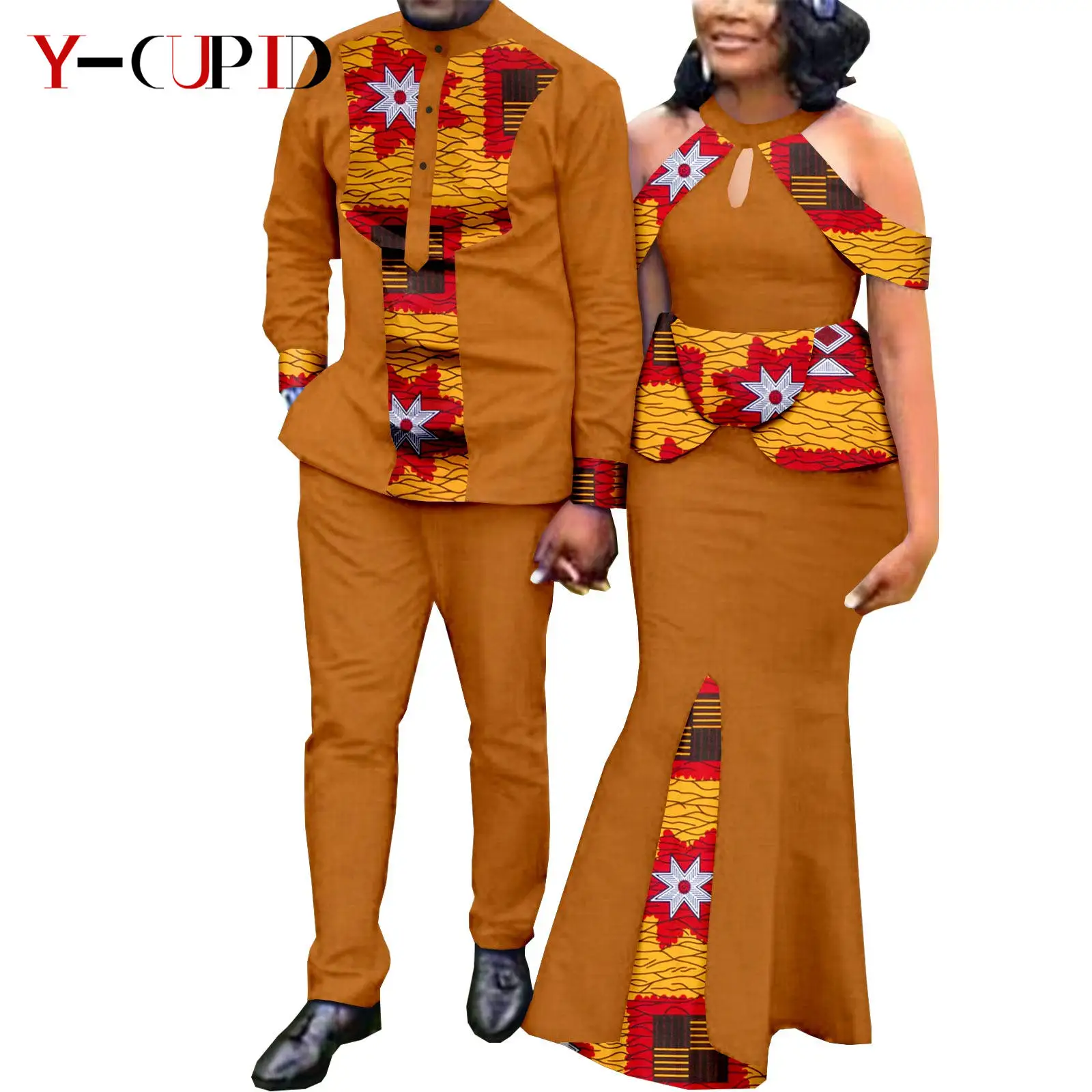 African Dresses for Women Match Bazin Lover Couple Clothes Print Mermaid Evening Dresses Men Outfits Shirt and Pant Sets Y21C024